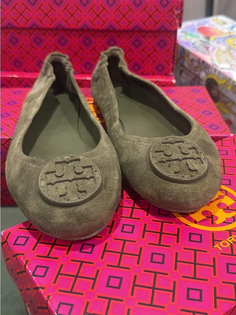 Tory Burch Olive Green Suede Logo Ballet Flats
